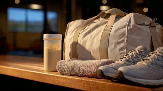 363Gym essentials on a locker room bench, gym bag, water bottle, glass of creatine or protein powder, sneakers, and towel neatly arranged, warm lighting highlighting textures and fitn