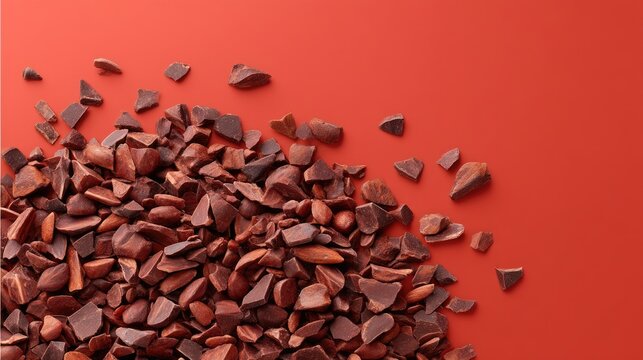 Close-up of crushed cocoa nibs scattered on a bright red background to emphasize texture and color for culinary or pastry design concepts