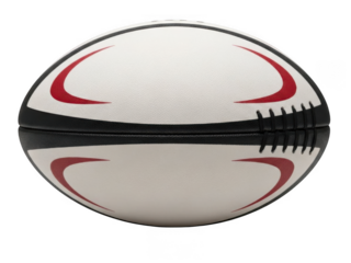 White rugby ball with red curved markings and stitching isolated on a transparent background sport game
