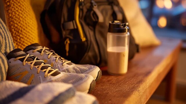 372Gym bag and workout items, sneakers, towel, water bottle, glass of creatine powder on bench, warm ambient light, locker room or gym setting emphasizing fitness lifestyle