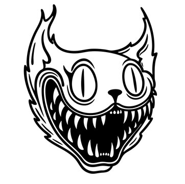 Grotesque Cartoon Cat Head with Exaggerated Wide Eyes and Sharp Teeth &mdash; Creepy Smiling Feline Face in Lowbrow Horror Pop Style, Surreal Monster Expression with Aggressive Grin and Distorted Features