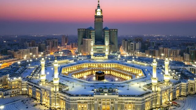 Majestic aerial view of Mecca's Grand Mosque during Hajj pilgrimage at dawn with Kaaba and modern city skyline in glowing light