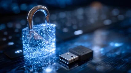379Locked padlock next to USB flash drive emitting blue light, digital data security concept, sleek reflective surface, dark tech-inspired background highlighting cybersecurity - Powered by Adobe