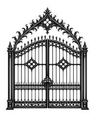 ornate black wrought iron gate with gothic arches and decorative scrollwork standing symmetrically as a luxury vintage entrance design isolated