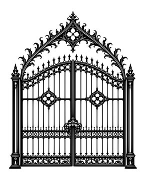 ornate black wrought iron gate with gothic arches and decorative scrollwork standing symmetrically as a luxury vintage entrance design isolated