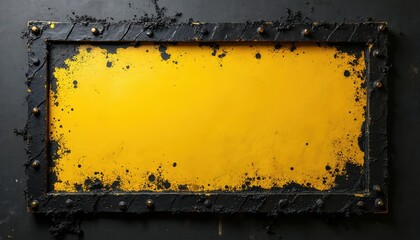 Industrial style illustration shows a black frame with a yellow center. The frame has textured edges and metallic studs. Abstract background creates contrast.