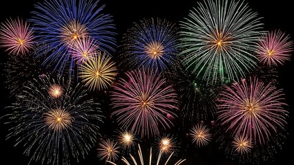 Spectacular nocturnal display of vibrant fireworks illuminating the dark sky during a festive celebration