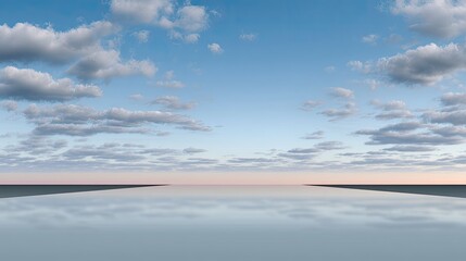 Obraz premium Serene Landscape with Calm Water Reflecting a Beautiful Sky and Soft Clouds at Dusk in a Tranquil Setting of Nature's Splendor