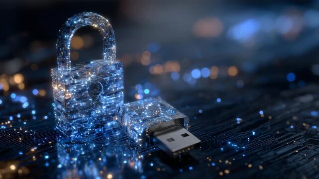 384Digital security visualization, locked padlock and USB flash drive on dark surface, blue LED glow reflecting on nearby surfaces, concept of safe data storage
