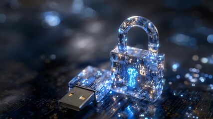 393Futuristic digital storage concept, padlock locked next to USB drive with glowing blue light, reflective metallic textures, dark abstract background highlighting data security - Powered by Adobe