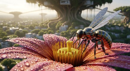 robotic bee pollinating pink flower in futuristic solarpunk city