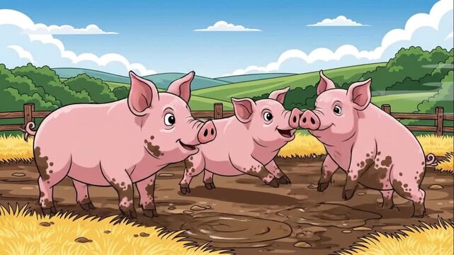 Happy Pigs Rolling in Mud Puddle Farm Illustration