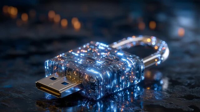 391Tech-inspired data protection scene, USB flash drive emitting blue light next to metallic padlock, dark reflective surface, futuristic cybersecurity aesthetic