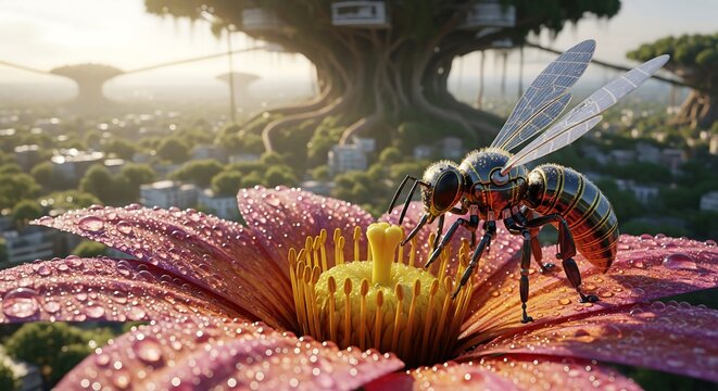 robotic bee pollinating pink flower in futuristic solarpunk city