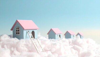 Dreamy Houses on Fluffy Clouds with Ladders - Home & Property Concept