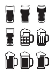 Black and white of beer glasses and mugs with foam