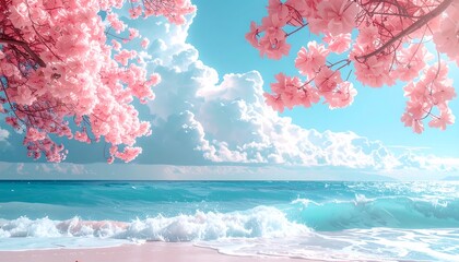Dreamy Pink Cherry Blossoms Framing Turquoise Ocean Beach Scene
