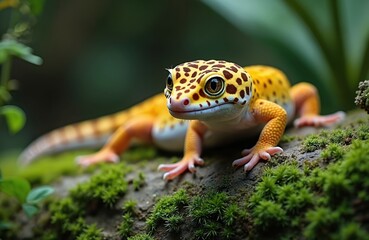 Fototapeta premium Cute leopard gecko rests on mossy branch. Exotic pet lizard has vibrant orange and yellow skin with brown spots. Reptile looks toward camera with curious expression in nature.
