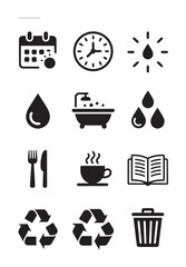 Black and white of calendar clock sun water drop bathtub cutlery cup book recycling trash