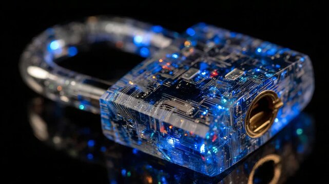 399Locked padlock with illuminated USB flash drive, blue light accentuating contours, digital security and protection theme, dark reflective surface, futuristic tech vibe