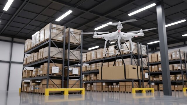 White quadcopter drone carrying a brown cargo shipping box while hovering inside a large industrial logistics warehouse full of tall metal shelving units stacked high.
