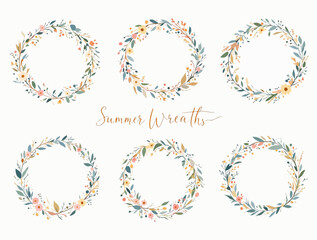 A vintage floral wreath design with decorative flowers and leaves arranged in a circular ornamental frame