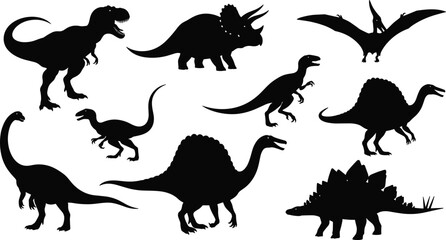 Dinosaur Silhouette Vector Collection Featuring Tyrannosaurus Rex, Triceratops, Stegosaurus, Pterodactyl, and Spinosaurus for Prehistoric Jurassic Wildlife Education and Creative Design Projects © Hello Wolrd
