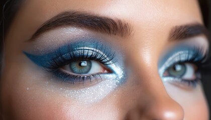 Close up photo of eye with bright eye makeup in cool tones. Eyeshadow, eyeliner and highlighter create a wintery look. This photo can inspire beauty trends.