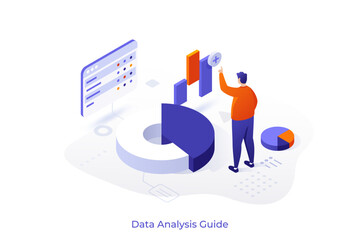 Man standing near giant pie chart and analyzing statistical information represented by charts, graphs and diagrams. Big data analysis process. Isometric Vector illustration