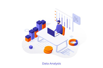Man working on laptop and analyzing statistical information represented by charts, graphs and diagrams. Big data analysis process. Vector illustration in isometric stye