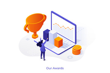 Happy businesswoman at laptop with profit growth diagram in cubes and winner cup. Commercial success concept isometric vector illustration. Stock market trader cartoon character color composition