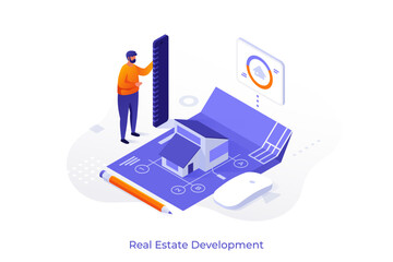 Engineer with ruler standing by house model and blueprint. Real estate development isometric vector illustration. Builder with suburban cottage plan cartoon character scene