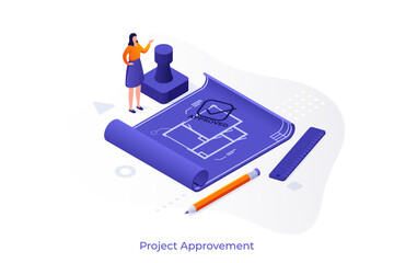 Inspector with building plan and stamp. Real estate construction project approvement concept isometric vector illustration. Safety engineer checking blueprint cartoon character scene