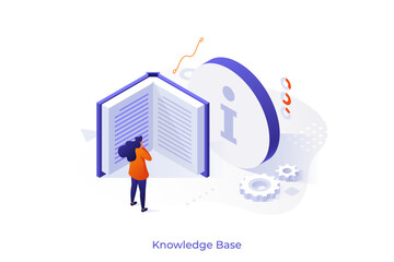 Woman reading large book to learn information. Student preparing for test in college concept isometric vector illustration. Scientific literature reader cartoon character scene