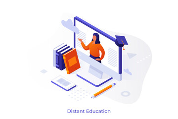 Online lesson on computer, textbooks, e-book and pencil. Teacher explaining material via internet cartoon character conceptual scene. Distant education concept isometric vector illustration