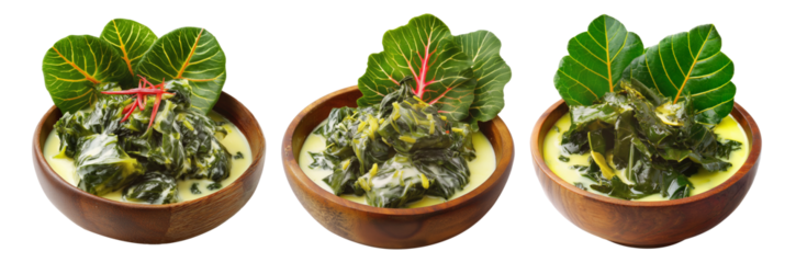 Rourou cooked taro leaves in creamy coconut milk, served in wooden bowl with garnishes, isolated on white background, Fiji cuisine