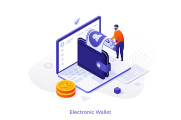 Man interacting with an electronic wallet on a laptop for digital payment. User manage finance in mobile banking application for online transaction. isometric vector illustration and 3d business