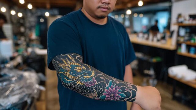 418Close-up of Japanese-style tattoo on forearm, dragon and floral patterns, tattoo artist gently presenting the arm, bright and colorful ink, professional studio ambiance