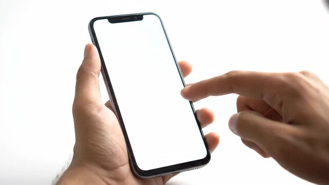 Close up of hands holding a smartphone with a blank white screen isolated on white.