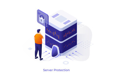 Isometric vector illustration with man evaluating secure server storage. Data protection and cyber privacy. Secure hosting concept for digital information management and safety.