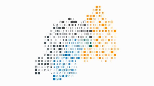 Rwanda animated country shape. Pulsating colored dots on the map of the country. Large size rounded square blocks. Digital style Rwanda map on white background. Artistic animation video.