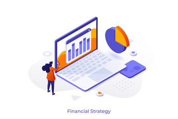 Isometric vector illustration with woman analyzing financial data on laptop with magnifying glass. Business strategy concept with charts and graphs for market analysis and planning.
