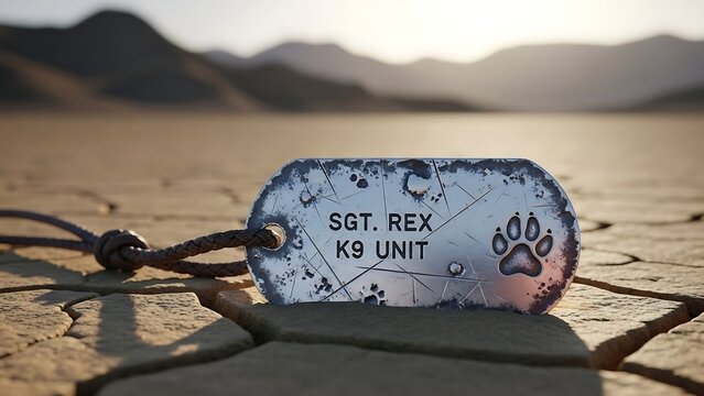 dog tag on sandy ground outdoors.