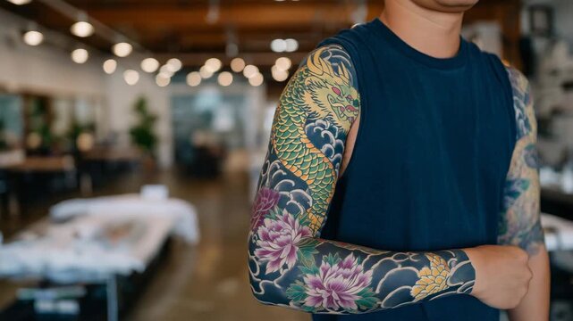 428Japanese-inspired tattoo sleeve, tattoo artist showing client&rsquo;s arm, intricate waves, dragons, and floral elements, colorful ink, studio background blurred to emphasize tattoo