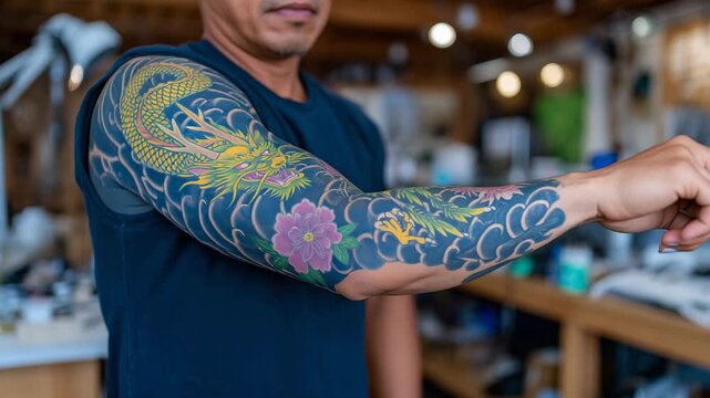 427Japanese-inspired tattoo sleeve, tattoo artist showing client&rsquo;s arm, intricate waves, dragons, and floral elements, colorful ink, studio background blurred to emphasize tattoo