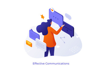 Isometric vector illustration with woman communicating through speech bubbles and messages. Social media interaction and digital dialogue concept. Communication technology for networking.