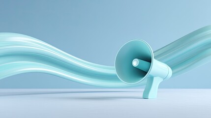 Fototapeta premium Minimalist digital illustration of a turquoise megaphone with smooth flowing lines on a soft blue background for communication and advertising concepts