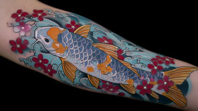 429Tattoo artist showcasing vivid Japanese tattoo on forearm, koi fish, cherry blossoms, and wind motifs, close-up highlighting color saturation and line work