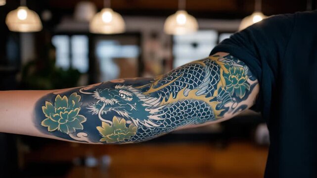 431Traditional Japanese tattoo sleeve displayed by artist, dragons and flowers in bright colors, forearm held in front of studio lights, detailed ink and texture visible