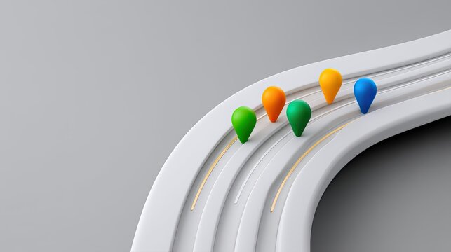 Abstract illustration showing colorful map markers on a smooth white road with a modern minimalist design representing navigation concepts and direction tracking